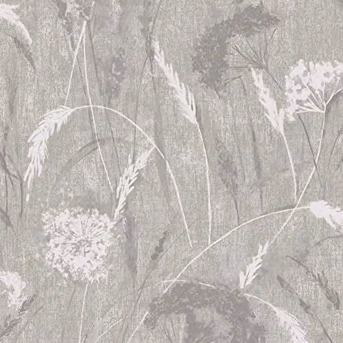 Holden Decor Pappus Botanical Floral Dandelion Metallic Textured Vinyl Wallpaper in Grey, White and Gold