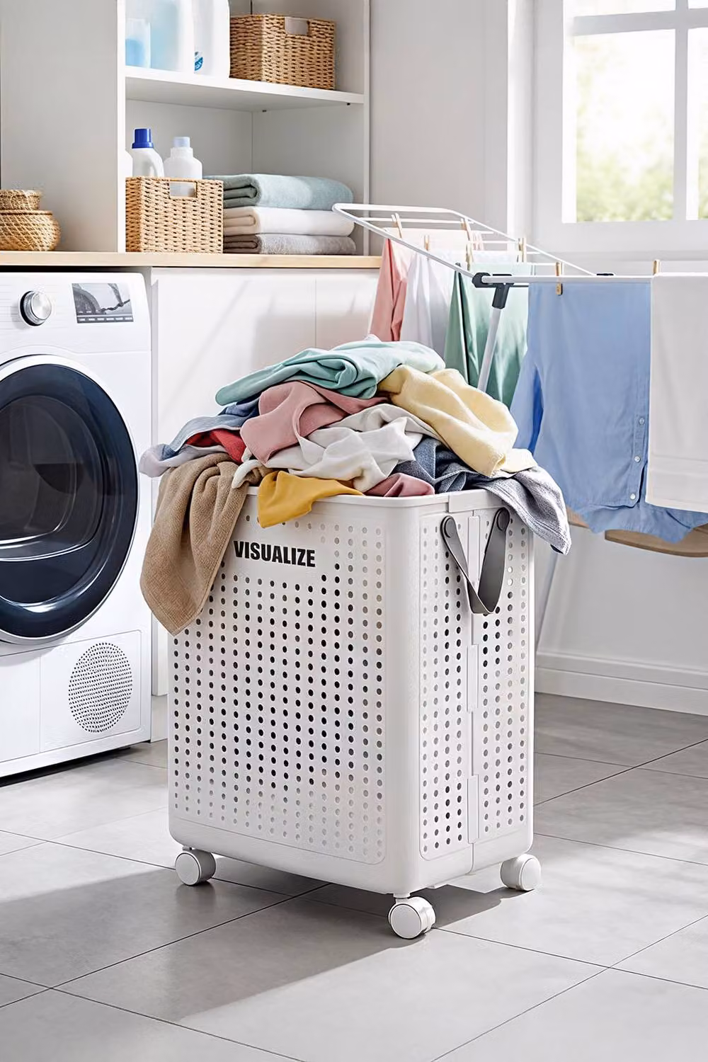 Living and Home Foldable Laundry Basket with Wheels and Handles, White – 2