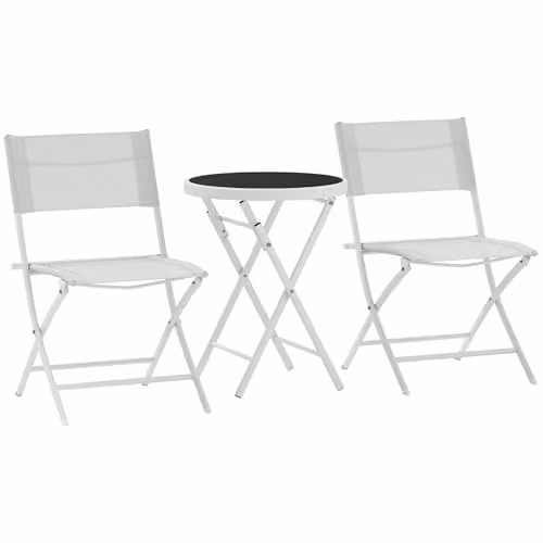 Outsunny 3 Piece Outdoor Bistro Set with Round Glass Top Table and 2 Folding Chairs in White