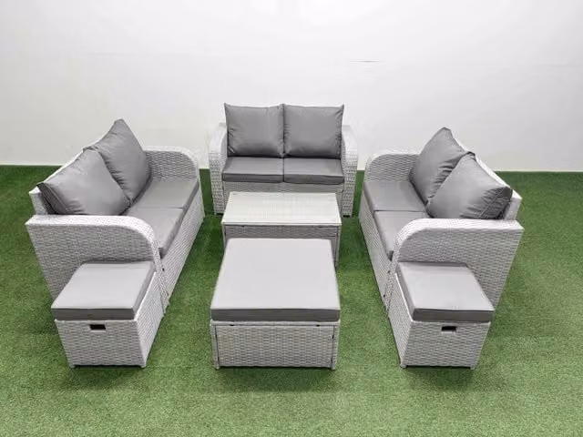 Fimous 9 Seater PE Wicker Rattan Garden Furniture Set in Light Grey with Rectangular Coffee Table, 2 Seater Love Sofa and 3 Stools
