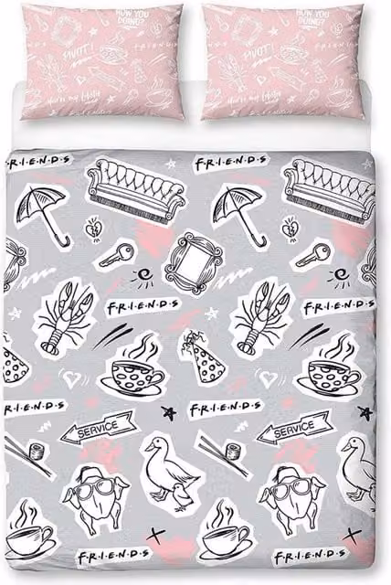 Friends Reversible Graphic Duvet Cover Set in Pink, Grey and White, W/D/H: 140 x 200 cm