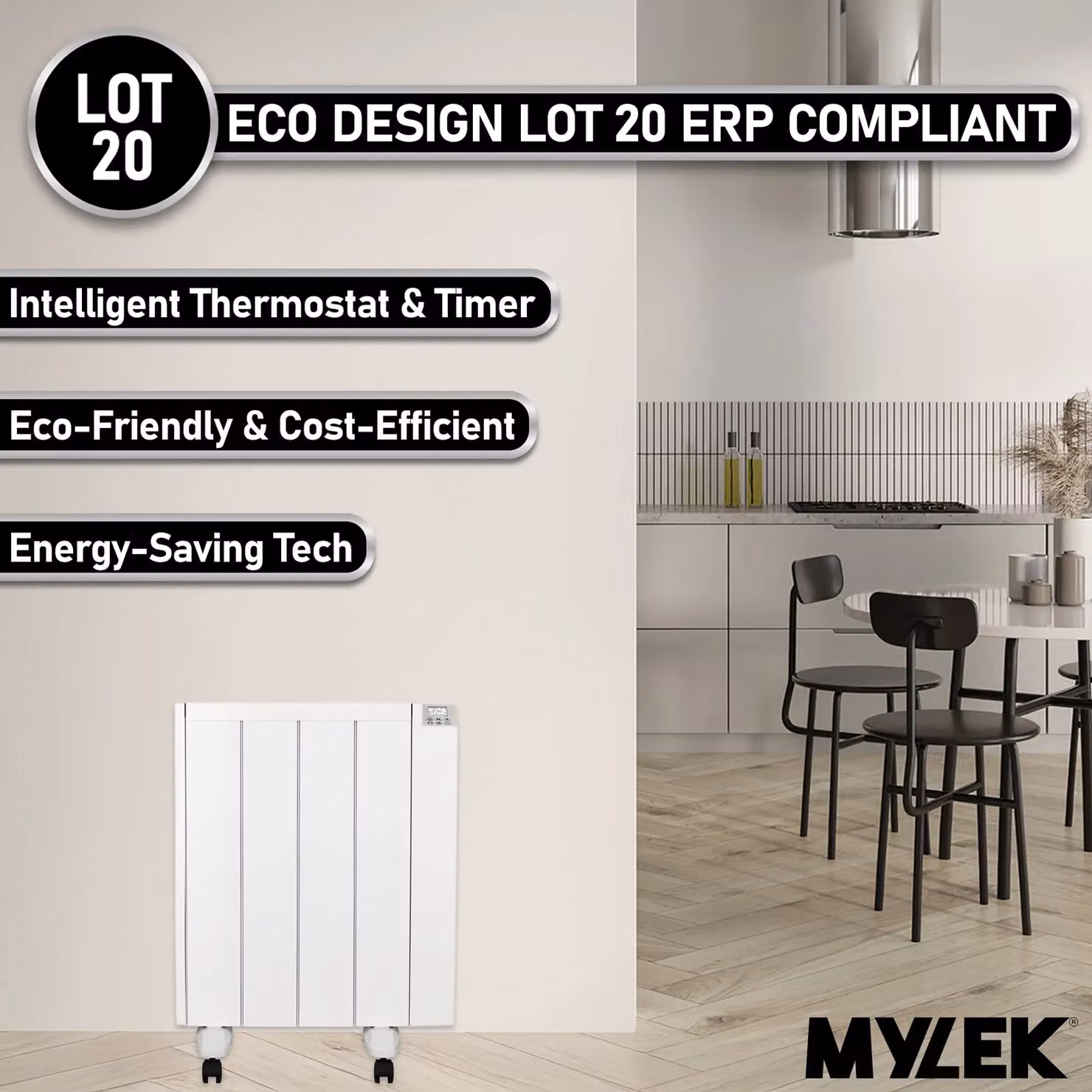 MYLEK 600W Ceramic Electric Panel Heater with Digital Timer in White – 6