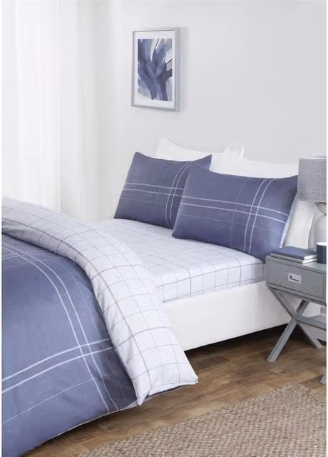 Rapport Home Hudson Check Duvet Cover, Pillowcase and Fitted Sheet Set in Blue and White, King Size (Duvet Cover: 180 x 200 cm, Pillowcase: 50 x 75 cm)