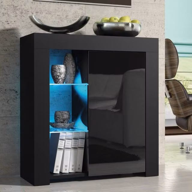 Creative Furniture Serene Sideboard in Black with Glossy Glass Doors and Integrated LED Lighting W/D/H: 83 x 35 x 75 cm