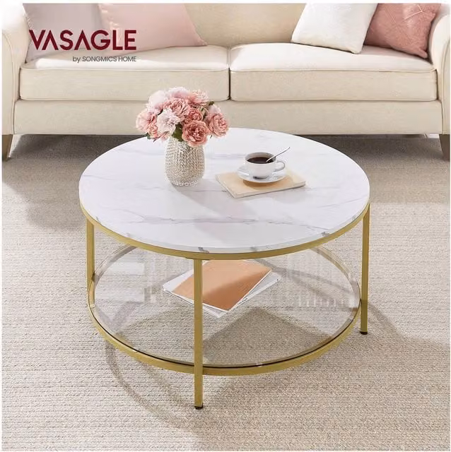 VASAGLE Modern Round Coffee Table with Glass Shelf in Gold and White