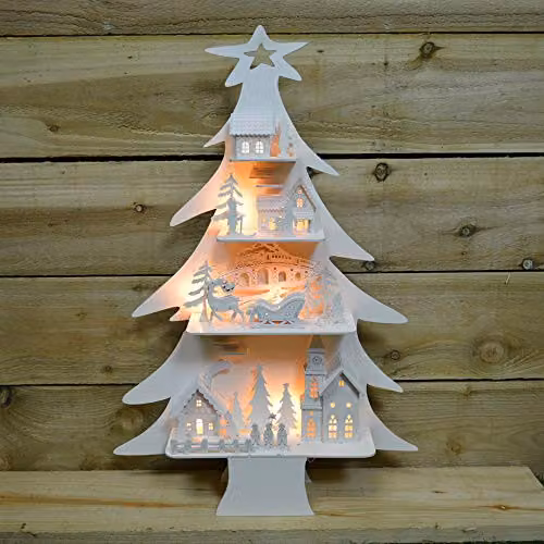 The Christmas Workshop 81310 LED Wooden Christmas Tree Village with 8 Warm White Lights, White, W: 60 cm, D: 40 cm, H: 8.5 cm – 2