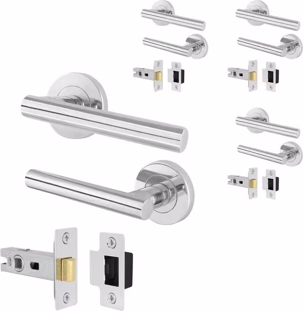 AFIT Olvera Range Chrome T-Bar Door Handles with Latch and Round Rose, Silver, 4 Pairs – 1