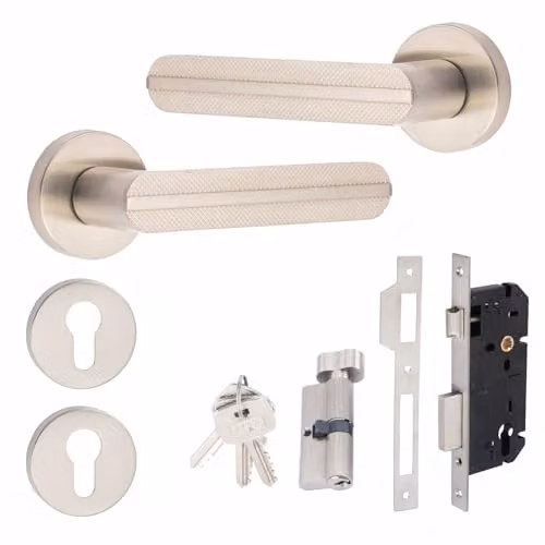 Golden Grace Modern Lima Euro Lock Door Handles and Thumbturn Lock Set in Brushed Silver – 1
