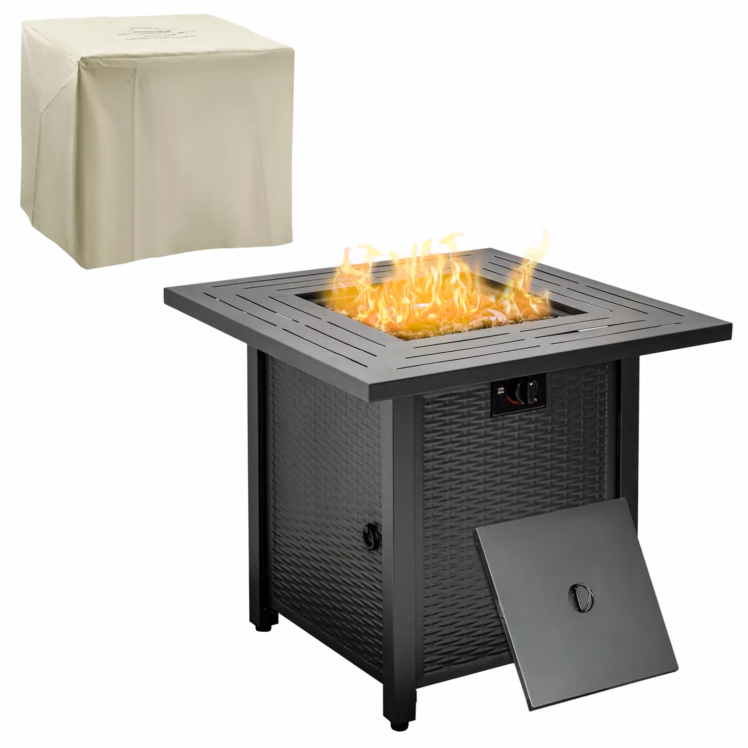 OUTSUNNY Black Rattan Outdoor Propane Gas Fire Pit Table with Rain Cover, W/D/H: 71 x 62 x 71 cm – 2