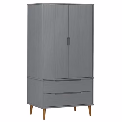 vidaXL MOLDE Grey Wardrobe in Lacquered Solid Pine with Integrated Drawers, W/D/H: 90 x 55 x 175 cm