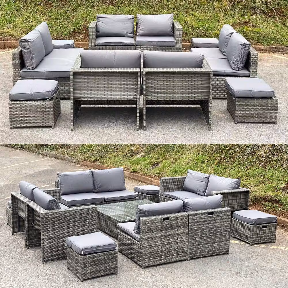 FURNITURE ONE 14 Piece Grey PE Rattan Garden Sofa Set for 12 Adults with Upholstered Cushions and Coffee Table – 4