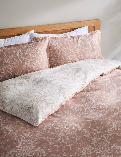 M&S Aida-Alouette Pink Floral Damask Sateen Cotton Bedding Set, W: 180 cm, L: 200 cm