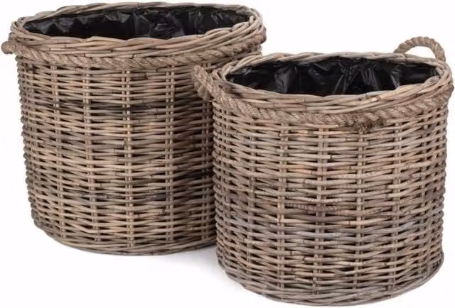 Rope Handled Rattan Round Planter with Plastic Lining in Brown or Grey, Diameter: 56 cm