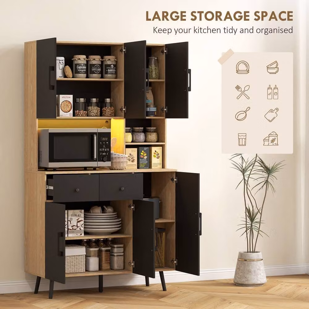 STILVORA Modern Tall Kitchen Cupboard with Integrated LED Lighting in Black and Oak Effect – 5