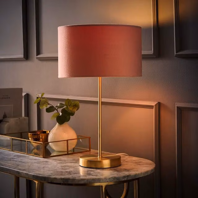 ValueLights Charlie Table Lamp with Velvet Shade in Blush Pink or Gold/Brass
