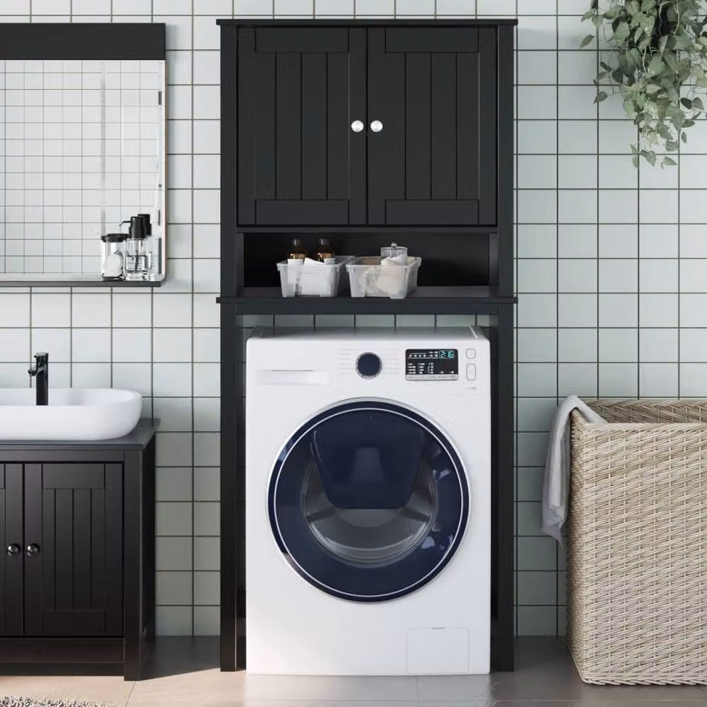 Berkfield Home BERG Black Solid Wood Washing Machine Cabinet with Hinged Doors and Internal Shelves, W/D/H: 76 x 27 x 164.5 cm – 2
