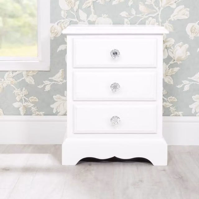 Statement Furniture Romance 3 Drawer French Style Bedside Cabinet in White Solid Wood with Crystal Handles W/D/H: 45 x 35 x 61 cm