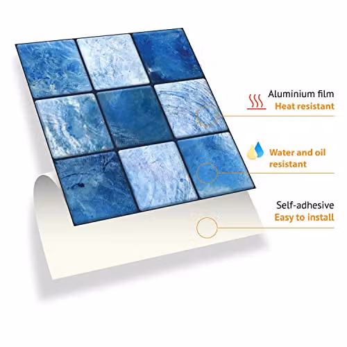 WALPLUS 24-Piece Blue and Black Mother of Pearl Mosaic Wall Tile Sticker Set, Glossy Aluminium Film Peel and Stick Backsplash Decals for Kitchen and Bathroom, W/D/H: 15 x 15 x 0.54 cm – 7
