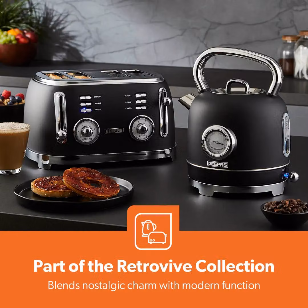 Geepas Retrovive Kitchen Combo Set in Black featuring 1.8L Electric Kettle, 4 Slice Toaster and 20L Digital Microwave Oven – 2