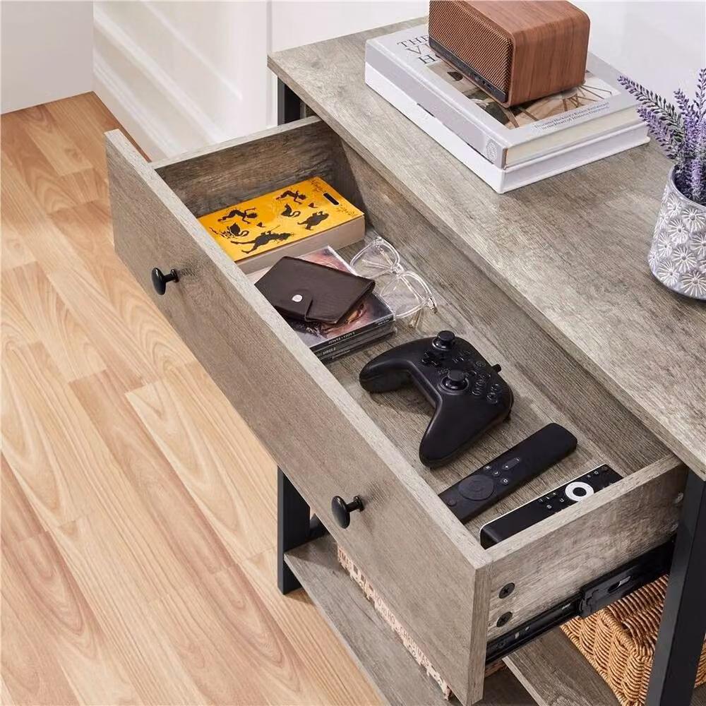 Kelvenix Grey Industrial Console Table with Glass Top and X-Frame Design – 4