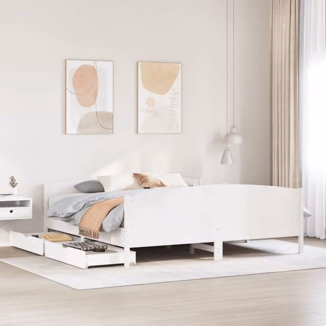 Berkfield Home White Solid Wood Pine Bed Frame with Drawers 200 x 200 cm
