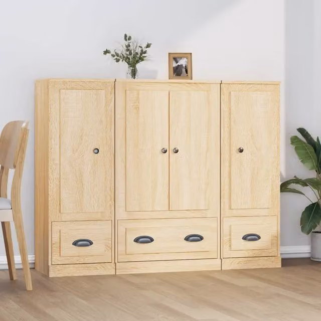 Berkfield Home Set of 3 Sonoma Oak Highboards in Brown Matt MDF