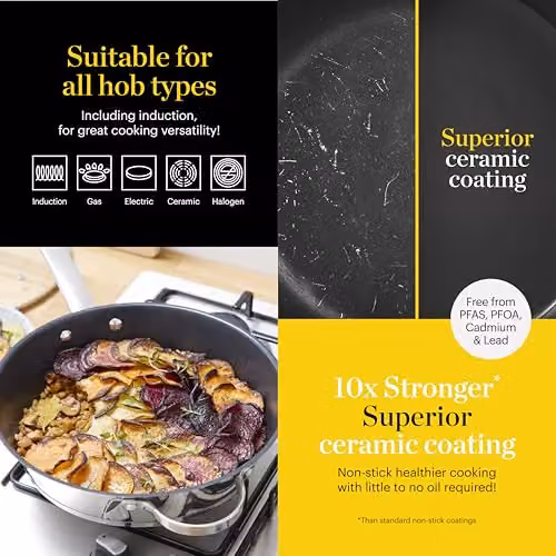 Tower 28cm Multi-Pan with Tempered Glass Lid, Silver Stainless Steel and Ceramic Non-Stick Coating, Induction Compatible and Oven Safe – 3