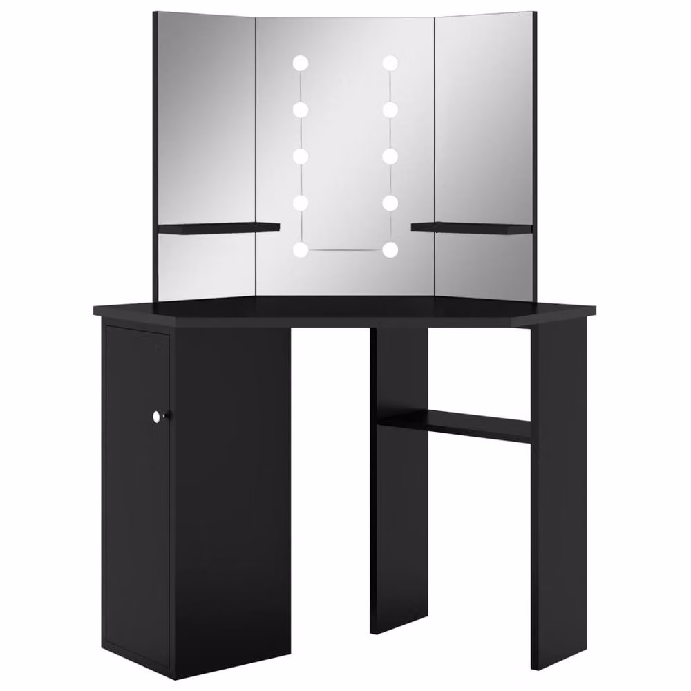 Berkfield Home Beautiful Modern Corner Dressing Table with LED Mirror in Black, W/D/H: 111 x 54 x 141.5 cm – 3