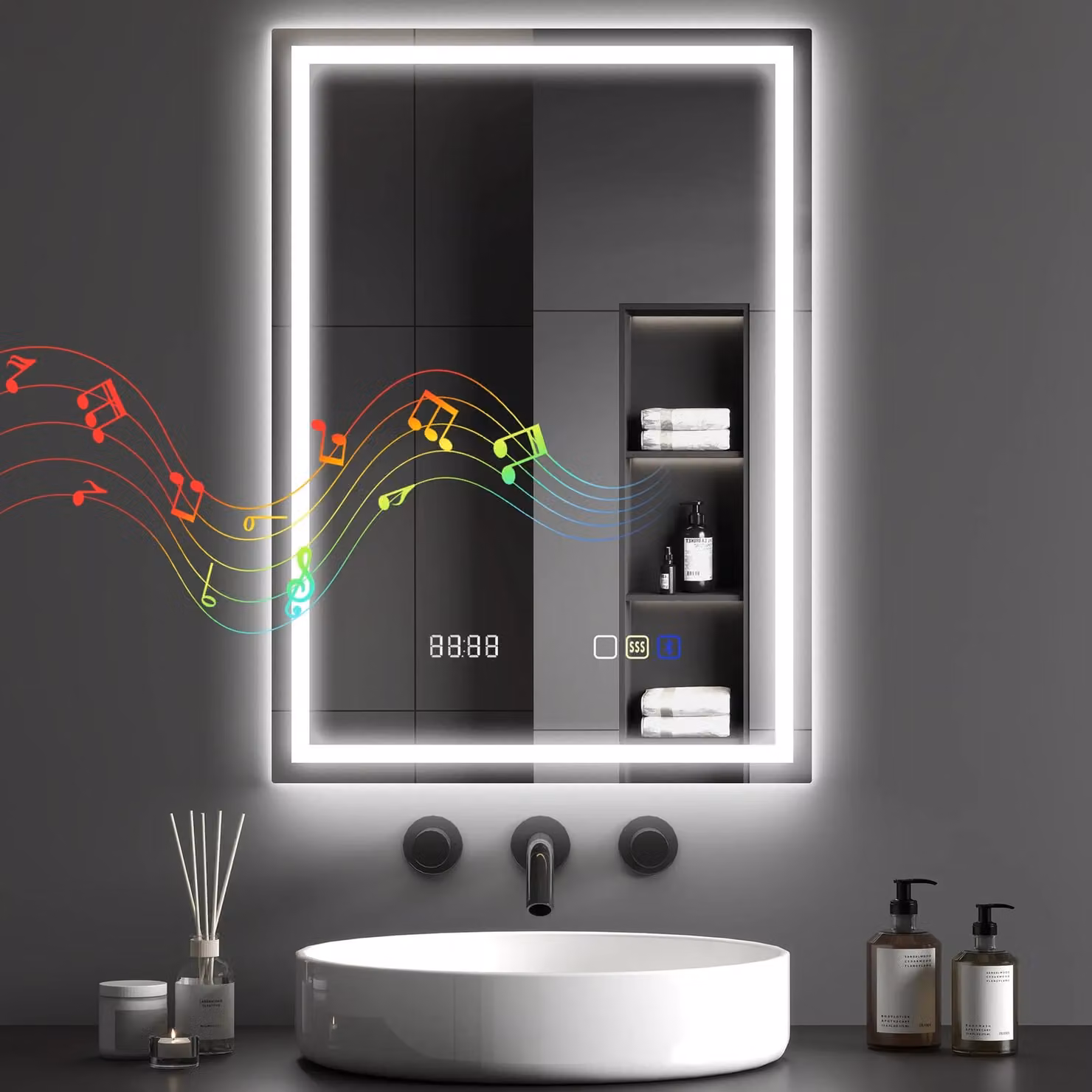 HOMCOM Silver Bathroom Mirror with Bluetooth Clock, Lights and Demister Pad, W: 50 cm, H: 70 cm – 2