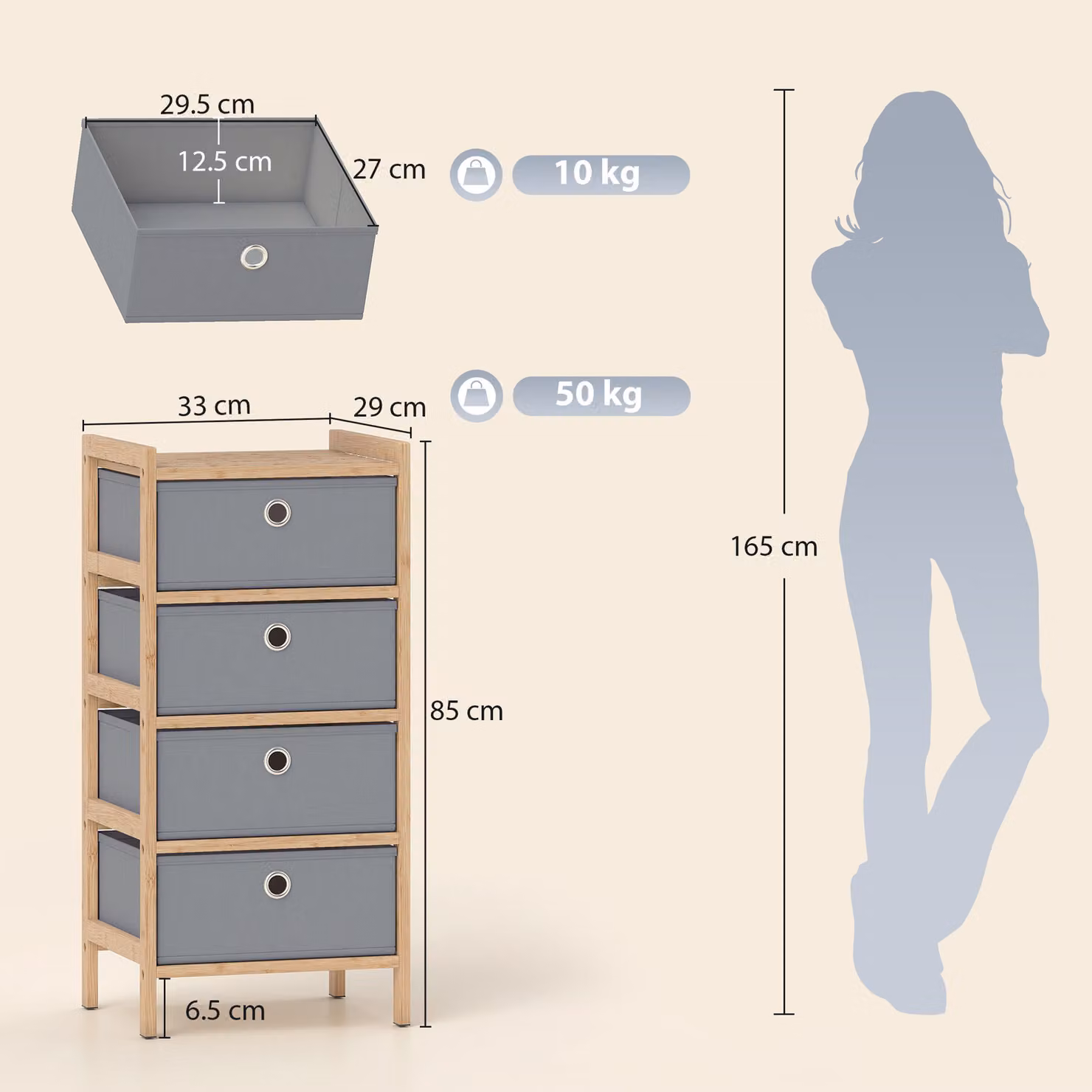 HOMCOM Narrow Chest of Drawers with 4 Fabric Drawers and Bamboo Frame, Light Grey – 3