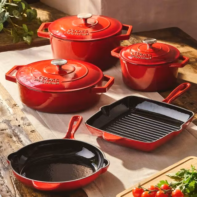 Cooks Professional 5 Piece Enamelled Cast Iron Casserole Dish, Frying Pan and Skillet Set in Red – 2
