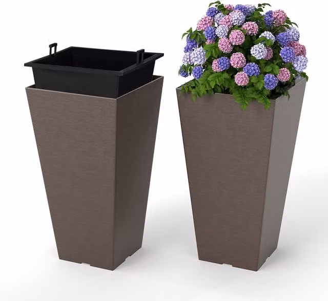 Costway 2-Piece Plastic Garden Planter Set with Removable Inner Buckets and Drainage Holes, Brown