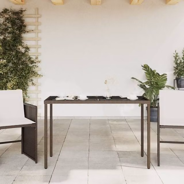 Berkfield Home Brown Poly Rattan Garden Table with Glass Top, W/D/H: 115 x 54 x 74 cm