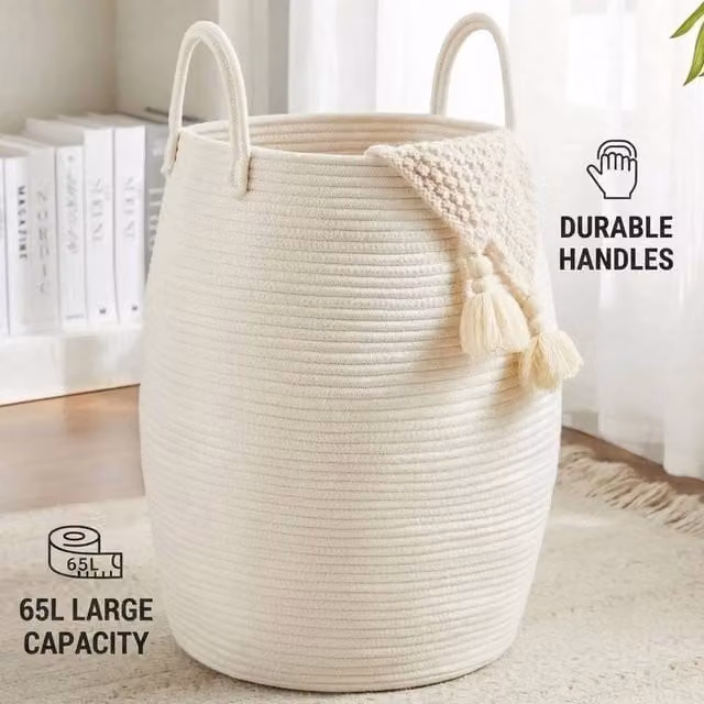 FORGEVIO White Cotton Woven Laundry Hamper Basket
