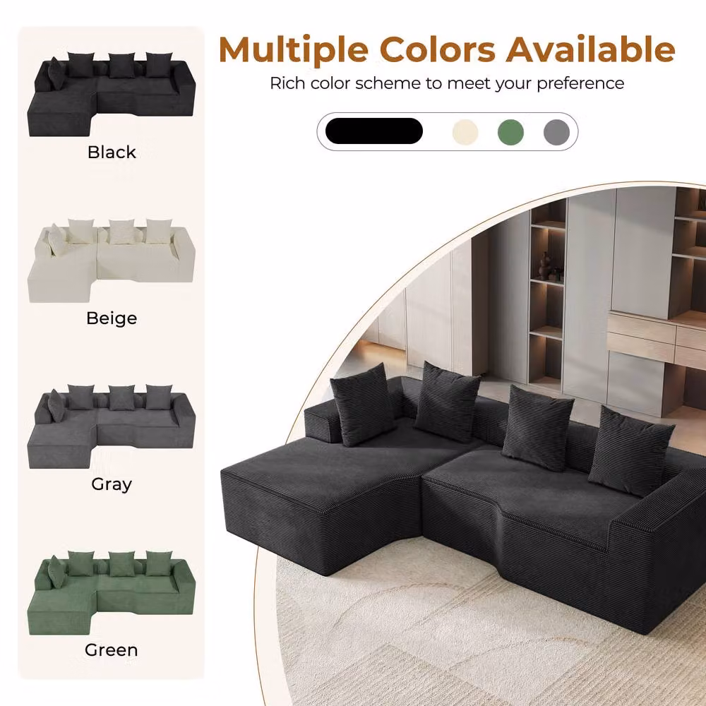 Dprodo Black Corduroy Left-Facing L-Shaped Modular Sofa with Scatter Cushions, Width: 320 cm – 6