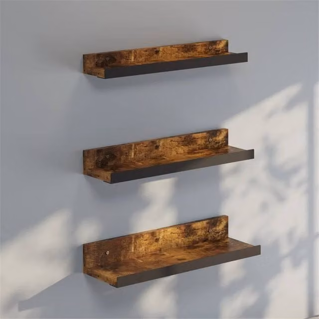 KORVIXA Set of 3 Rustic Brown Wall Mounted Floating Shelves