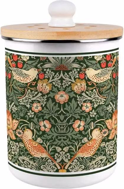 Purely Home Strawberry Thief Food Waste Caddy, Green Metal Kitchen Compost Bin with Removable Inner Bucket and Odour Filter, 2L