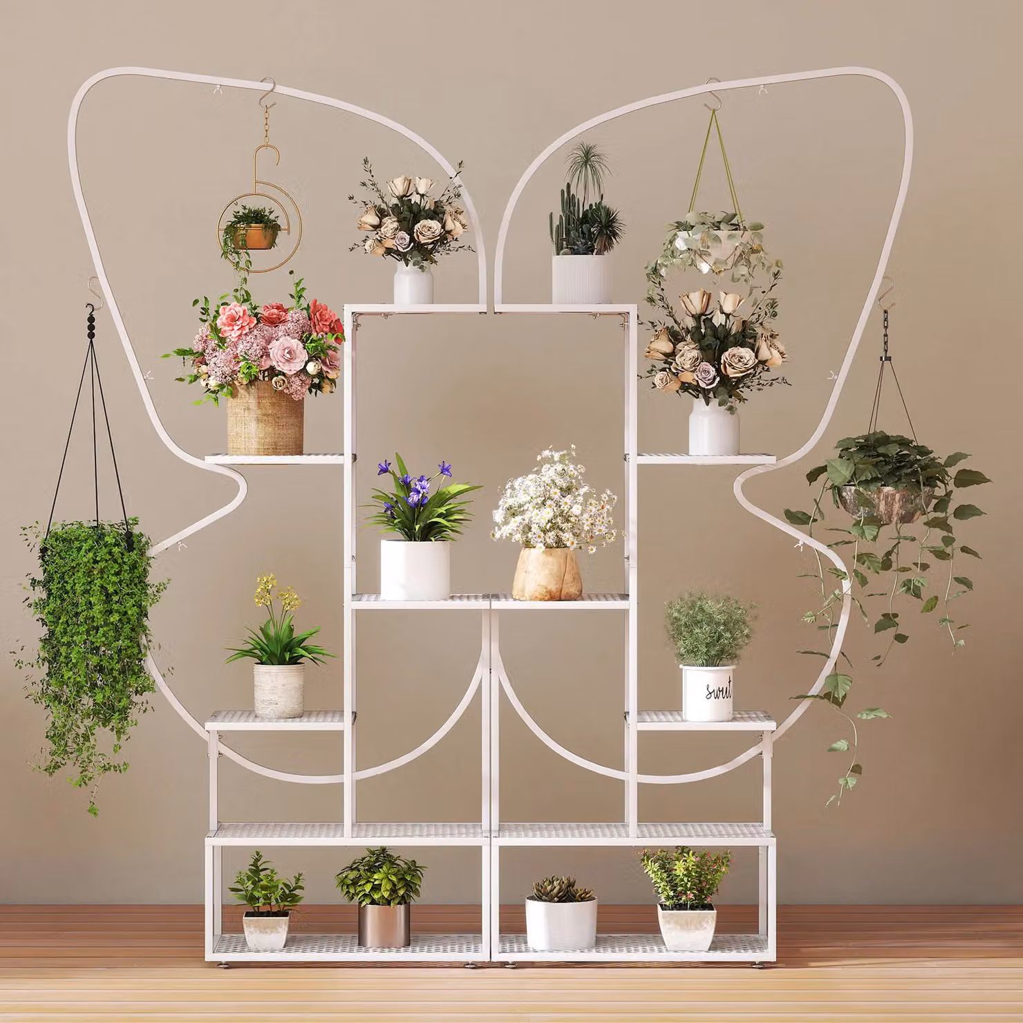 Gymax 6-Tier Butterfly-Shaped Metal Plant Stand in Black and White, H: 185 cm x W: 26 cm x D: 26 cm – 2