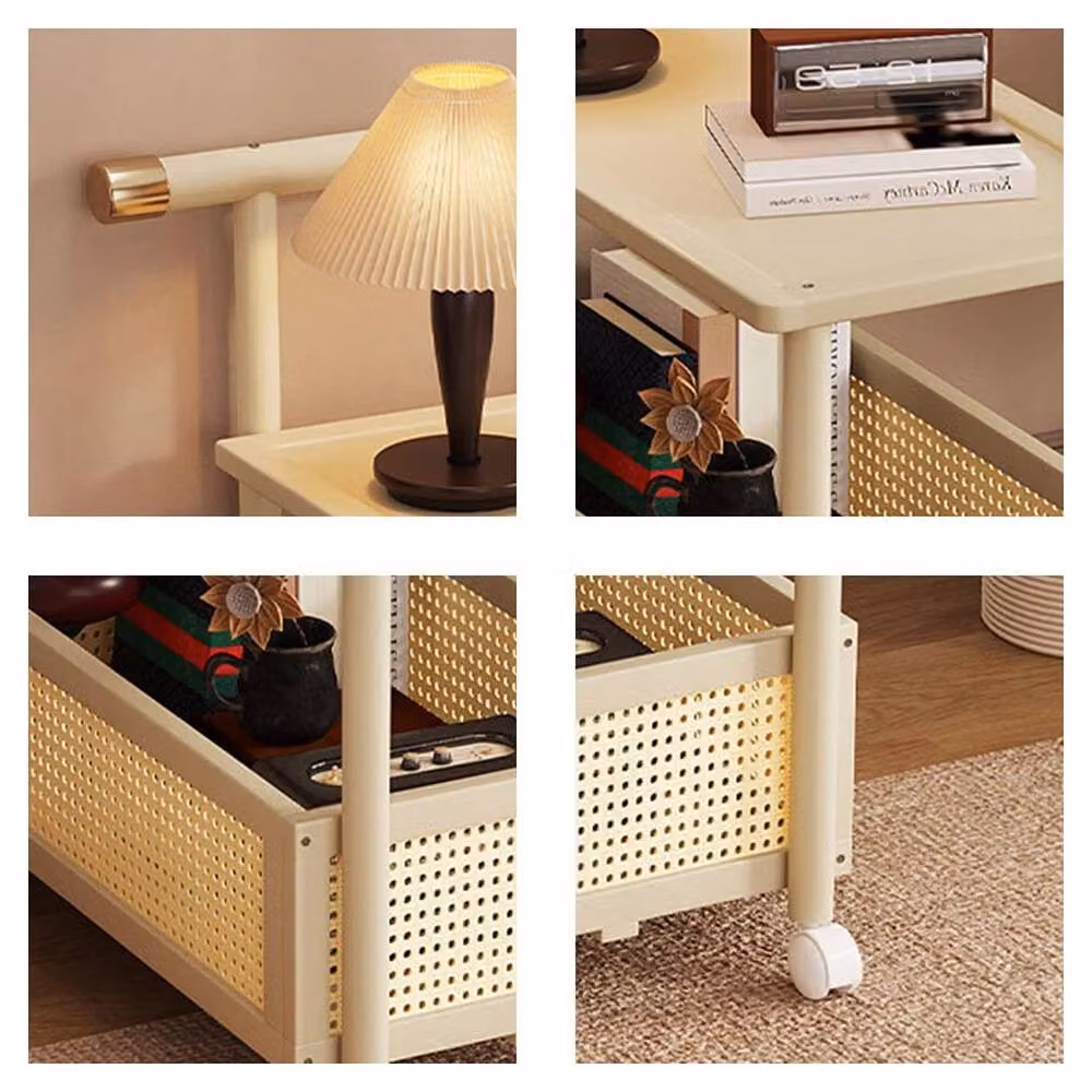 FORGEVIO 2 Tier Rolling Storage Trolley and Sofa Side End Table with Wheels in Beige – 4