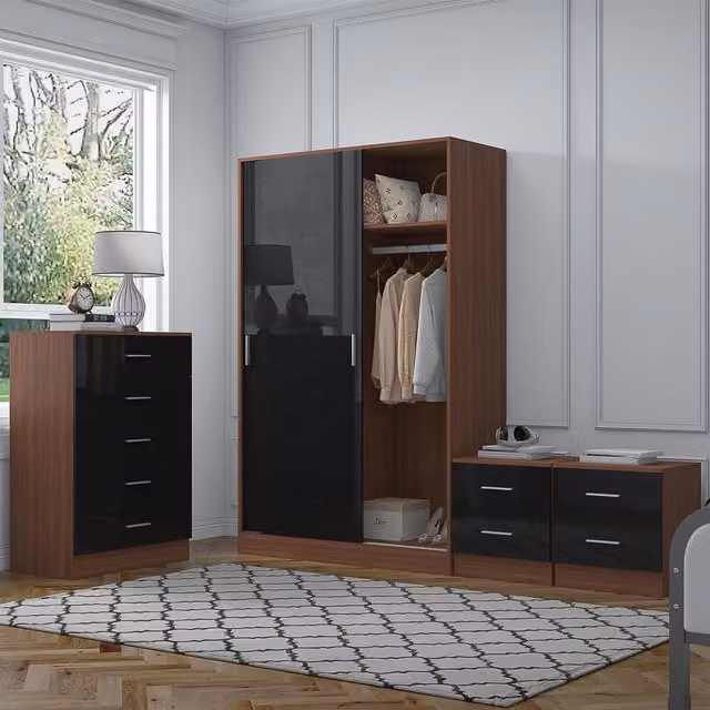 REFLECT Bedroom Furniture Bundle with Sliding Wardrobe, Tall Chest and 2x Bedsides in Black Gloss and Matt Walnut