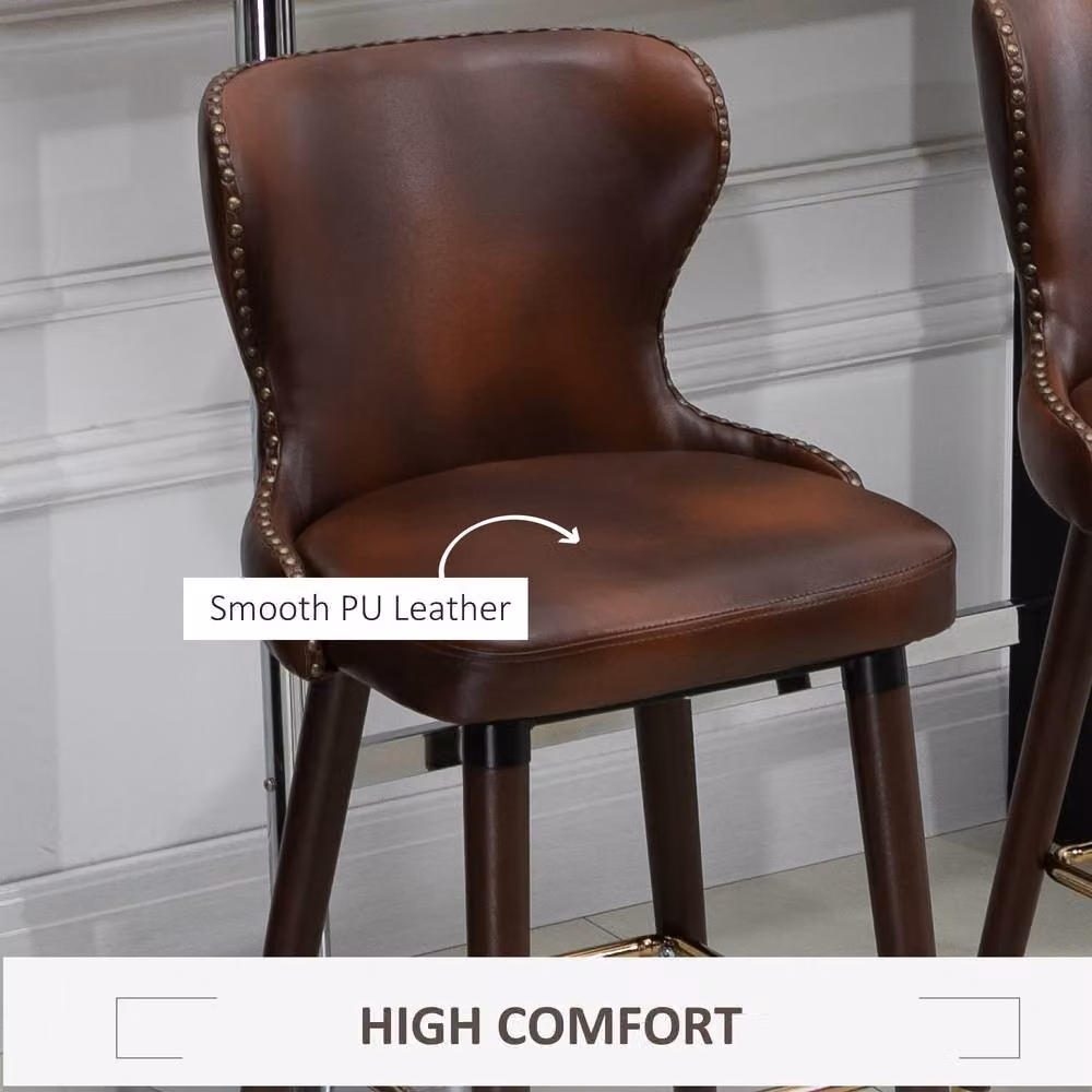 ERGOVEXA Set of 2 Brown PU Leather Bar Stools with Rubberwood Legs – 7