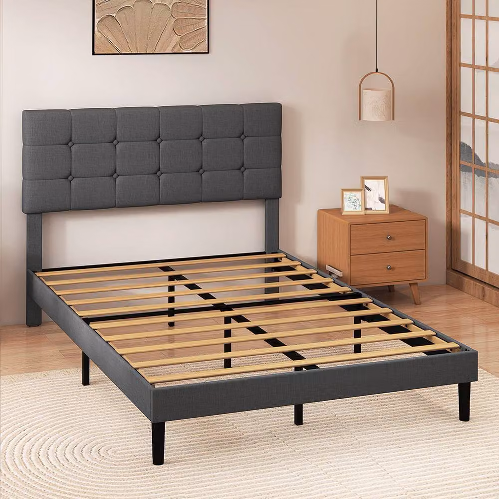 Levede Upholstered Fabric Bed Frame in Grey, W/D/H: 140 x 200 cm – 2