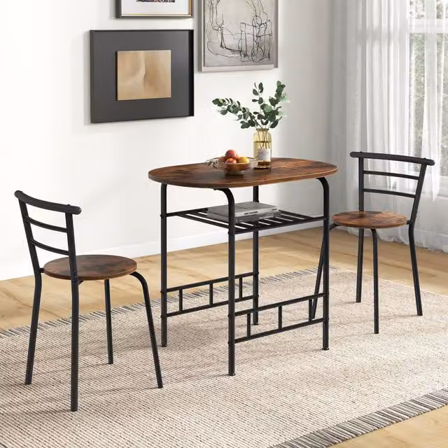 Costway 3-Piece Industrial Dining Table and Chairs Set in Brown