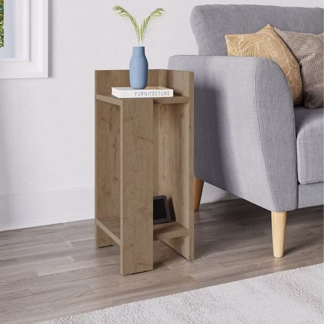 Decortie Elos Modern Wall-Mounted Right-Side Bedside Cabinet with Drop-Down Door, Dark Oak Brown, W: 25 cm, H: 60 cm, D: 25 cm – 1