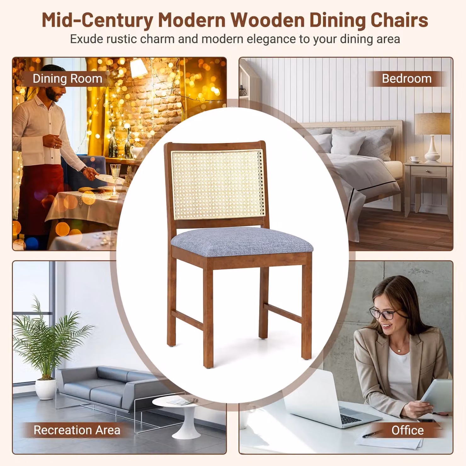 Costway Set of 2 Mid-Century Rattan and Rubberwood Dining Chairs with Fabric Upholstery, Brown – 4