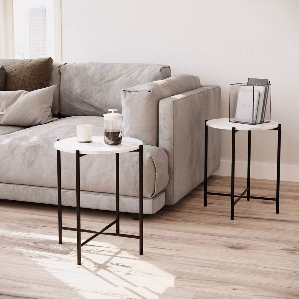 Havendro Set of 2 White Round Marble Effect Coffee Tables with Metal Frame – 2