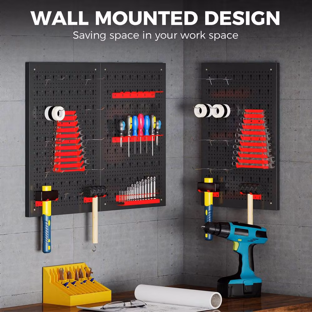 STILVORA Wall-Mounted Steel Tool Storage Organiser with Pegboards in Black, W/H: 120 x 30 cm – 6