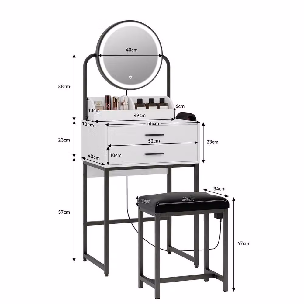 EONLION Modern Black and White Wooden Dressing Table with 2 Drawers and Round Stool Set – 2