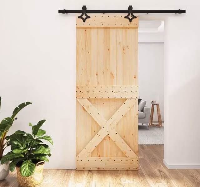 Berkfield Home Rustic Sliding Door with Hardware Set, Solid Brown Pine Wood and Black Steel, W: 85 cm, H: 210 cm