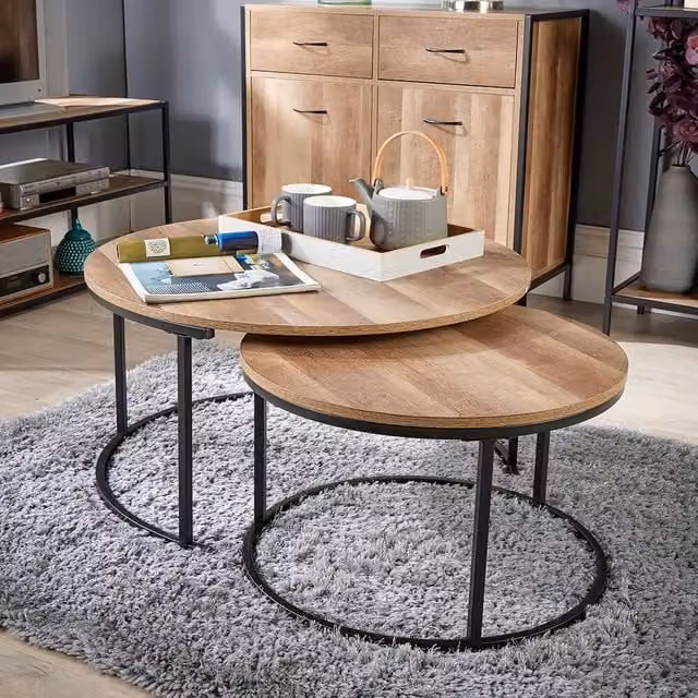 Home Source Industrial Nesting Coffee Tables in Light Oak and Metal – 1